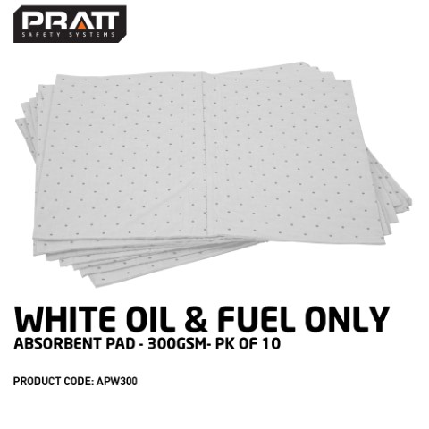 PRATT WHITE OIL & FUEL ONLY ABSORBENT PAD 300GSM PK OF 10